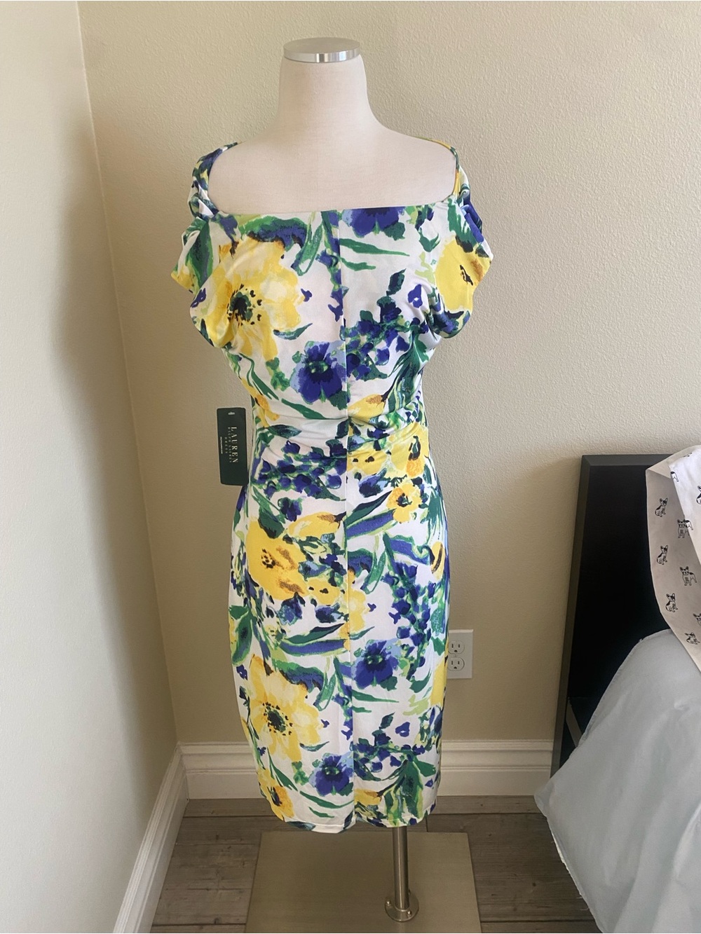 Ralph Lauren Yellow, Blue & Green Floral Off-Shoulder Midi Dress